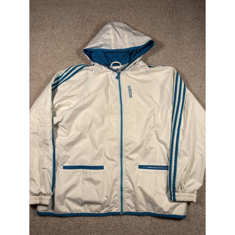 Vintage Adidas Windbreaker Jacket White Blue Hooded Full Zip Men's Size XL Y2K